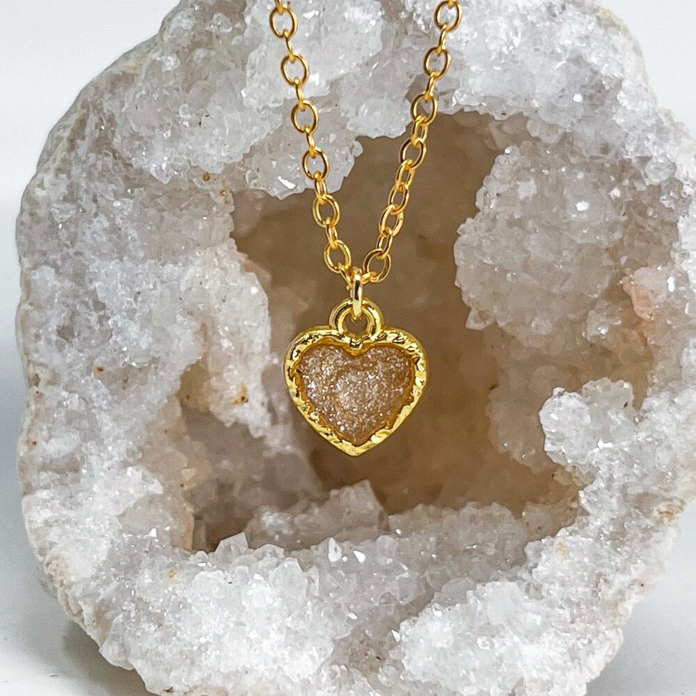 3/$20 14k Gold Champagne Glitter Resin Heart Charm Handmade Pendant Necklace